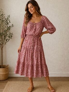 Skirt Shirt Set Women’s Medium Leaves Tiered Midi Dress